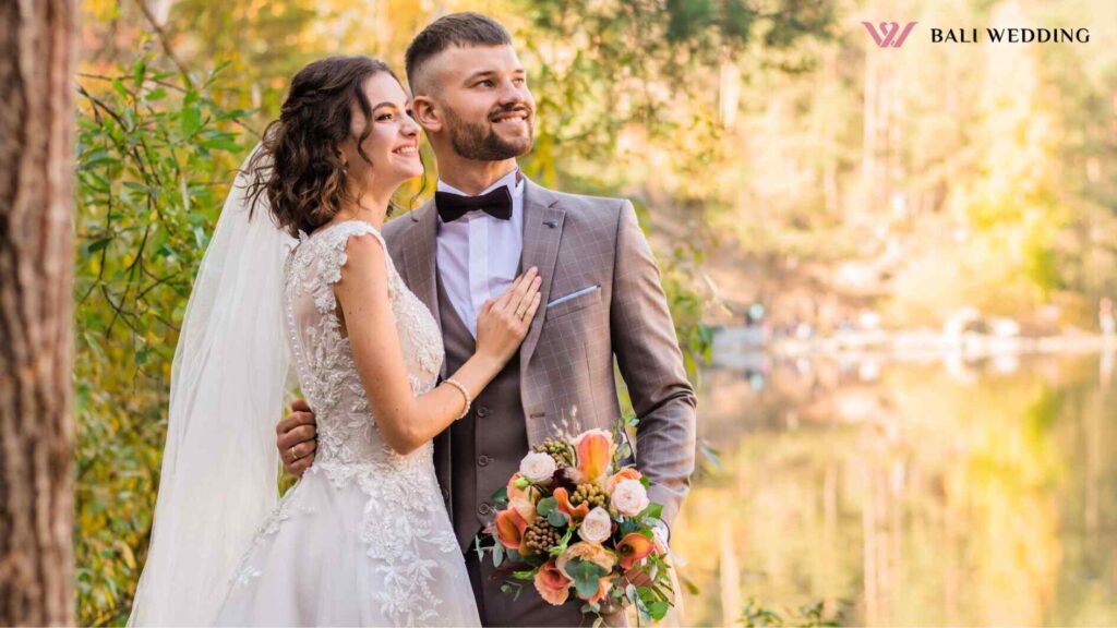 man in gray suit and woman in white wedding dress