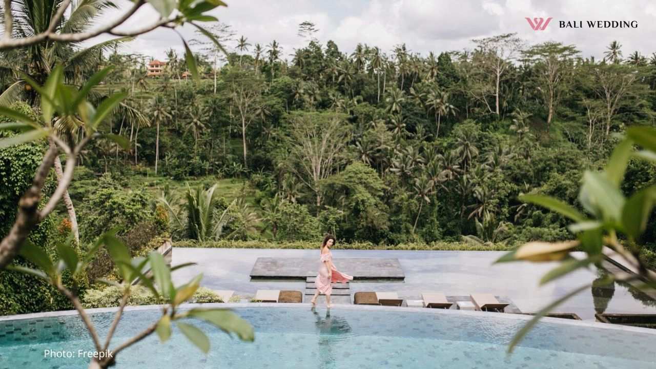 Romantic woman in long dress enjoying rest at exotic resort