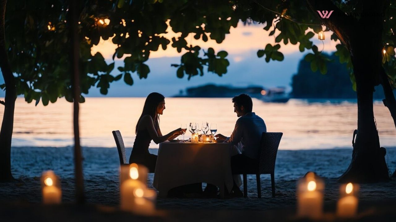 romantic sunset dinner setup on Bali beach