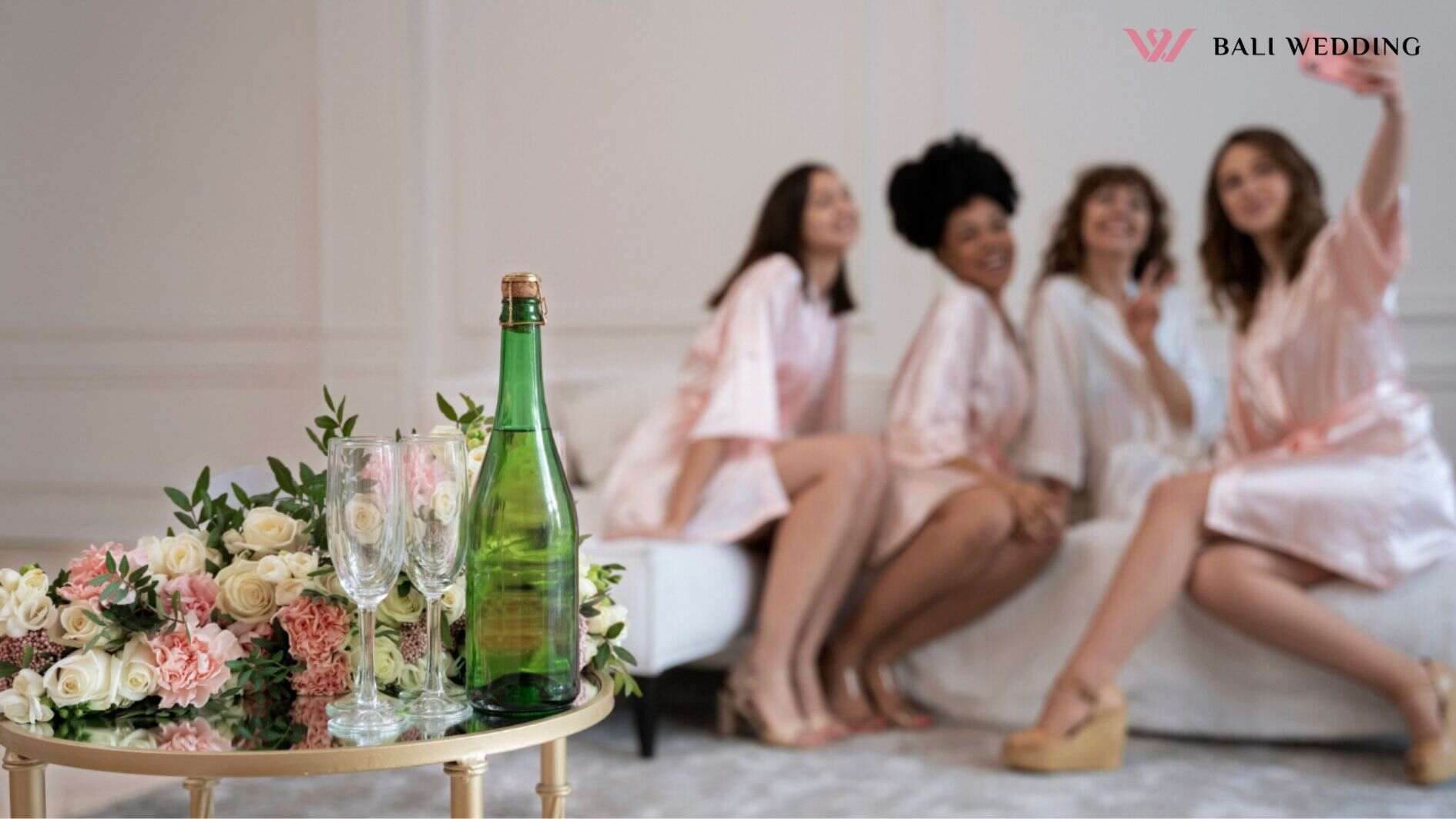 bridal shower, Full shot blurry bridesmaids sitting on couch
